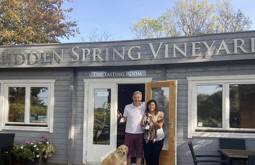 Conservative MP Nus Ghani supports harvest season at Hidden Spring Vineyard in Horam