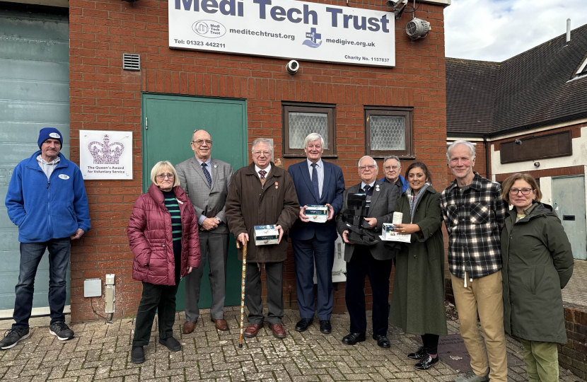 Nusrat Ghani MP, with East Sussex County Councillor Bob Standley, Wealden District Councillor Richard Grocock and trustees and volunteers from Medi Tech Trust.