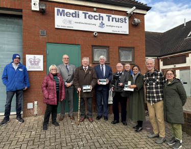 Nusrat Ghani MP, with East Sussex County Councillor Bob Standley, Wealden District Councillor Richard Grocock and trustees and volunteers from Medi Tech Trust.